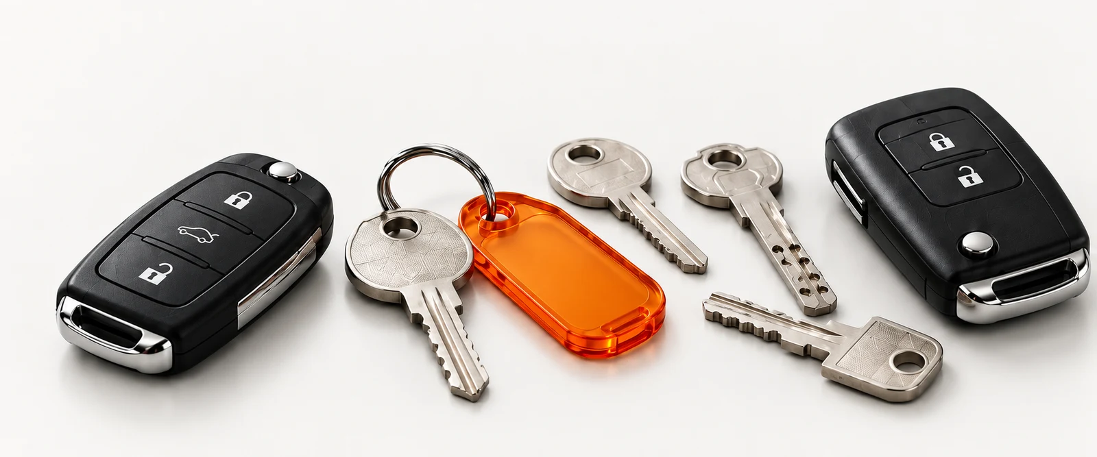 Illustrative keys, car remotes and an orange key tag