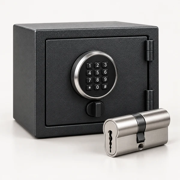 Illustrative safe and silver lock cylinder